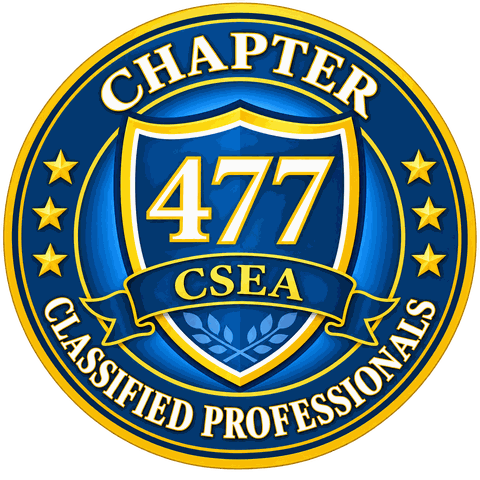 Emblem of Classified Professionals of CSEA Chapter 477: a blue and gold shield with the number 477, ringed by the words Chapter, CSEA, and Classified Professionals