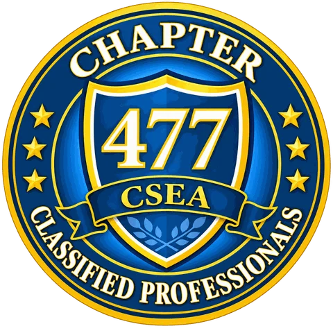 Emblem of Classified Professionals of CSEA Chapter 477: a blue and gold shield with the number 477, ringed by the words Chapter, CSEA, and Classified Professionals